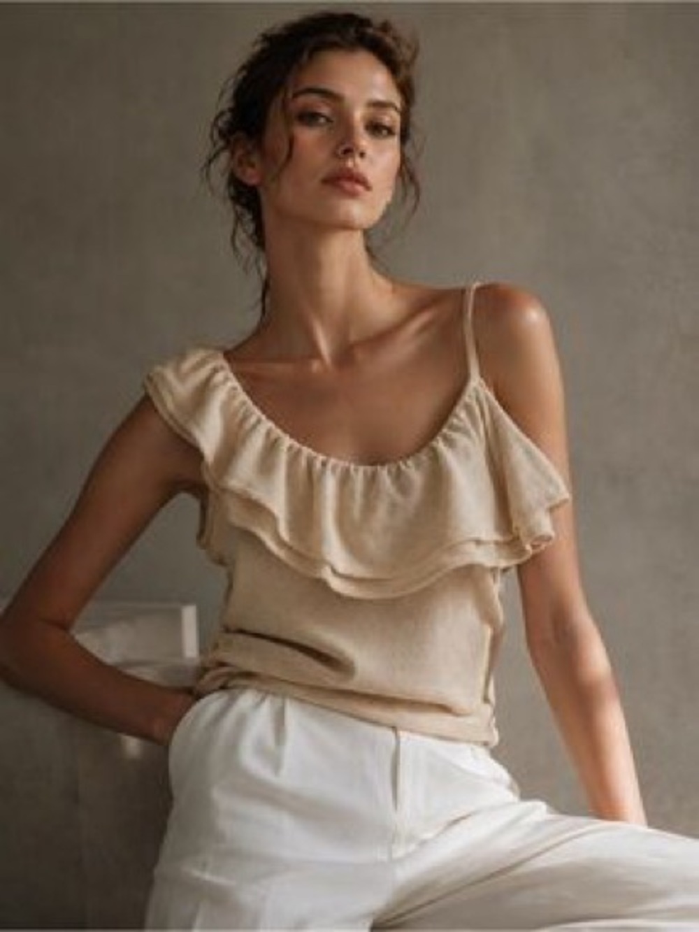 Zara Beige One-Shoulder Ruffle Camisole